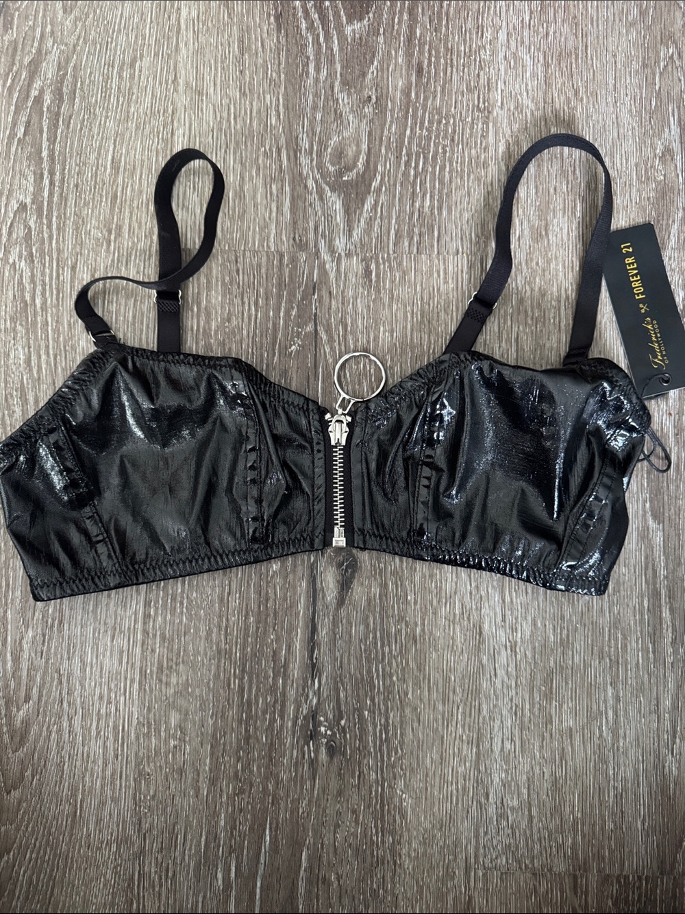 Forever 21 Black Patent Zip-Front Bralette with O-Ring